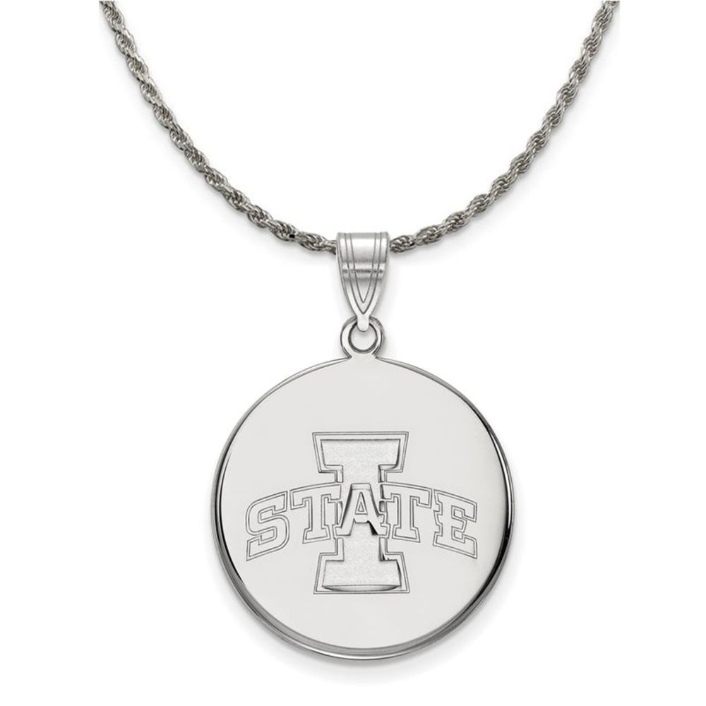 Sterling Silver Iowa State Large Disc Pendant Necklace - 18 Inch
